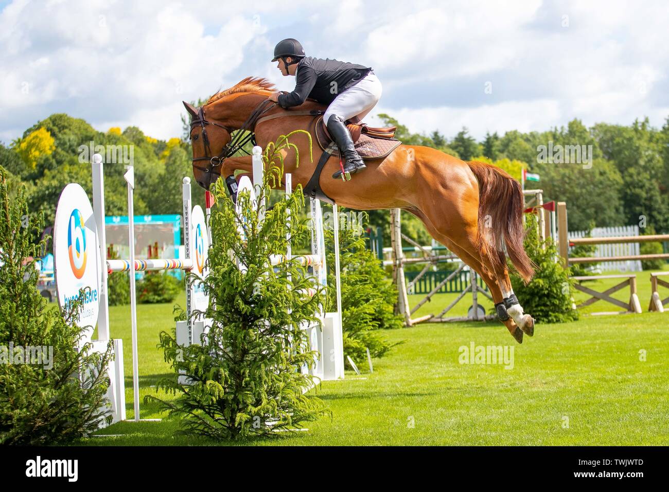 Hickstead, West Sussex, UK. 20th June, 2019. Winner. Jake Saywell riding Galaxcy IX. GBR. The Hickstead Annual Grade C Championship in memory of Sarah Davidson. Showjumping. The Al Shira'aa Hickstead Derby Meeting. Hickstead. West Sussex. United Kingdom. GBR. 20/06/2019. Credit: Sport In Pictures/Alamy Live News Stock Photo