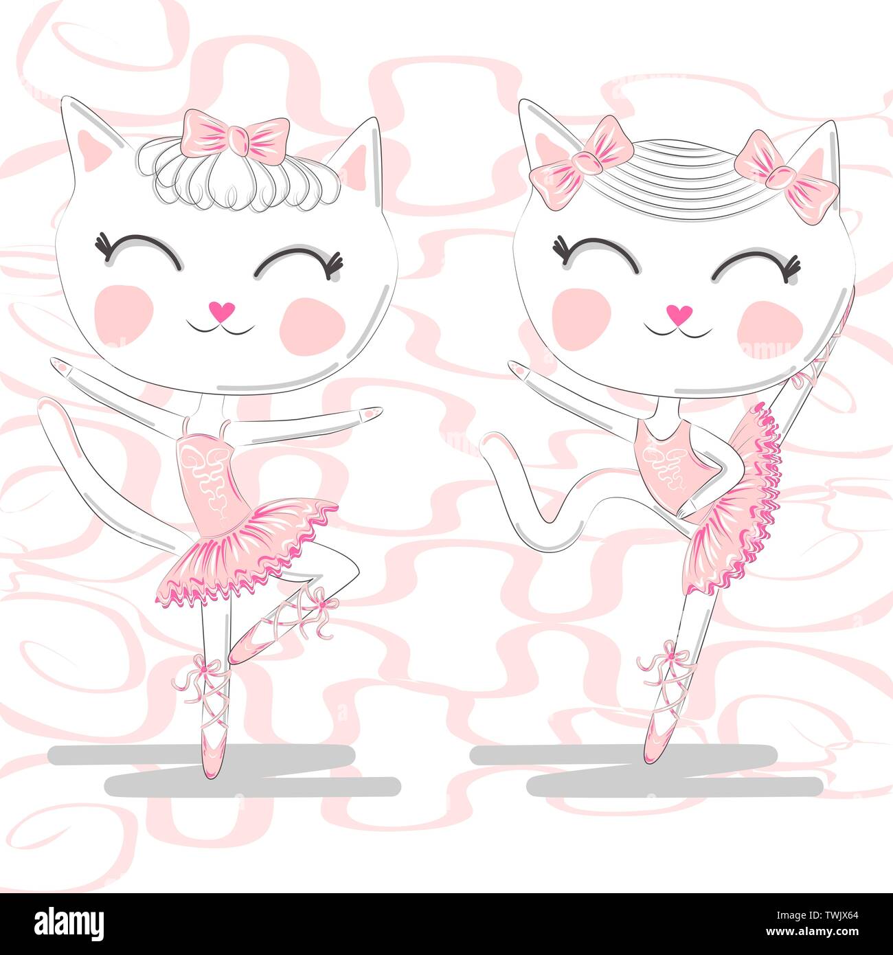 A pair of cute white ballerina cats in pink ballet tutu and pointe