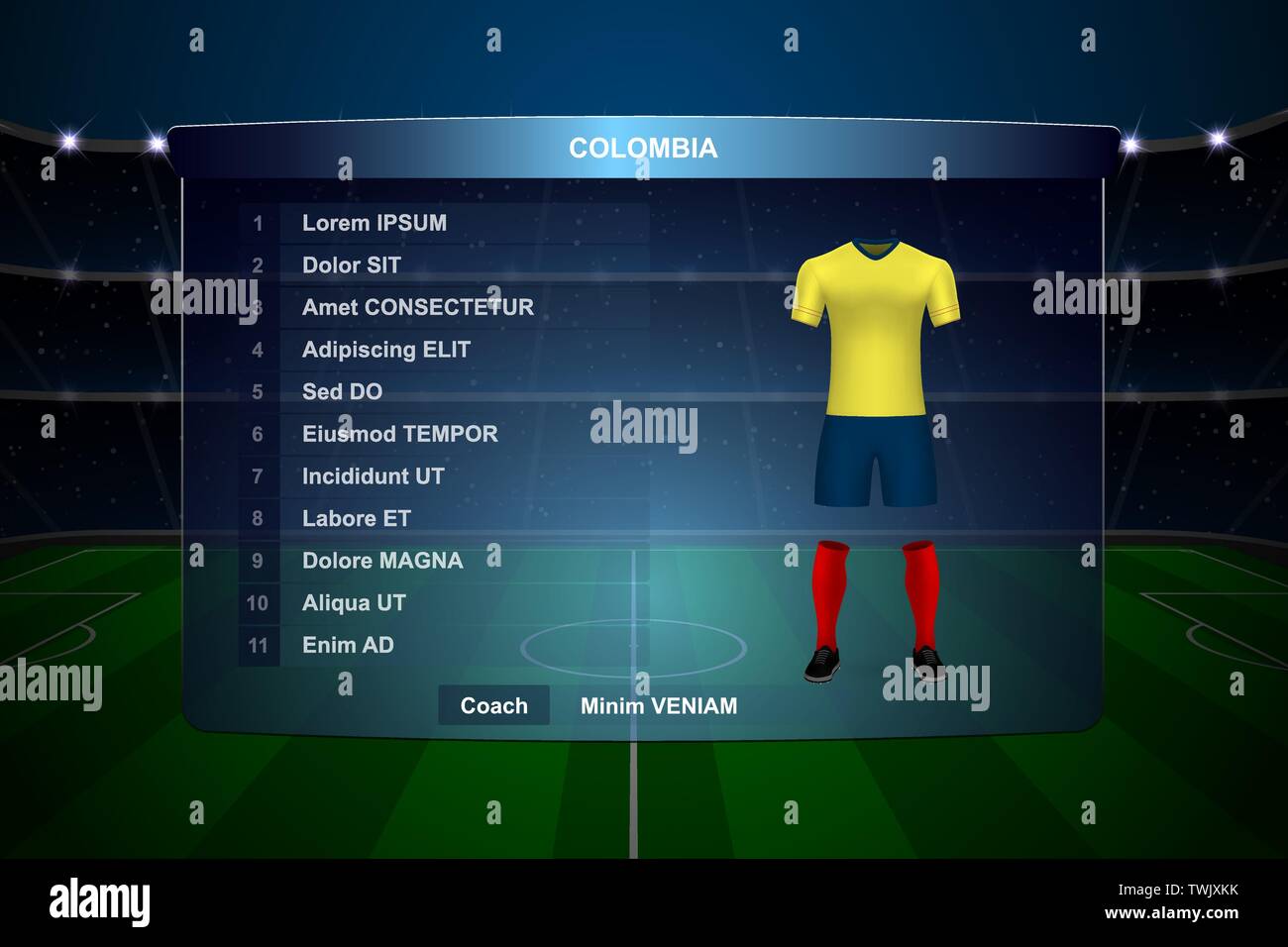 Football scoreboard broadcast graphic template with squad Colombia