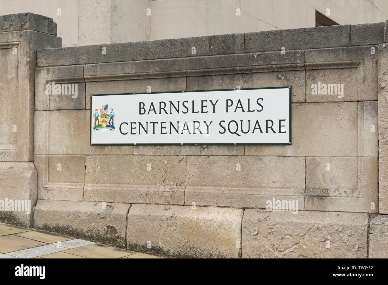 Barnsley Pals Centenary Square sign - commemorating the Barnsley Pals battalions who lost their lives in the First World War, Barnsley, England, UK Stock Photo