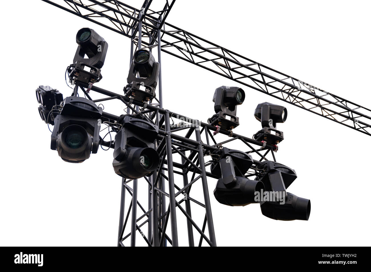 Structure metal black stage lights with spotlight in festive event