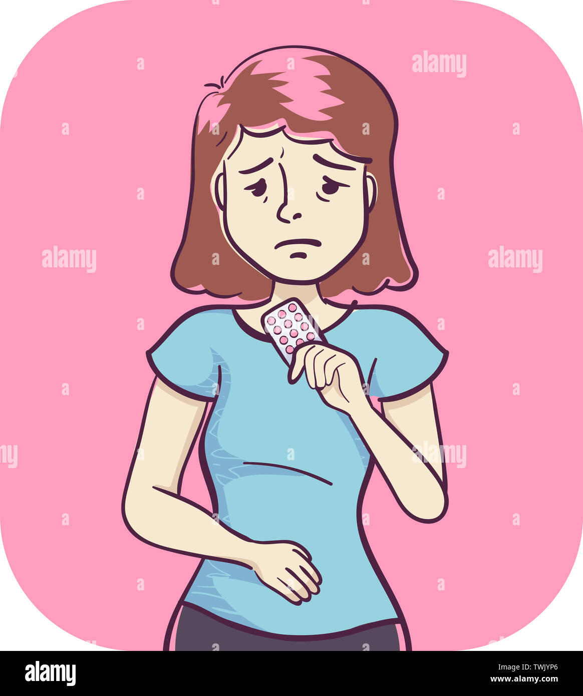 Illustration of a Girl Looking at a Blister Pack of Contraceptive Pills She Is Taking for Menstrual Issues Stock Photo