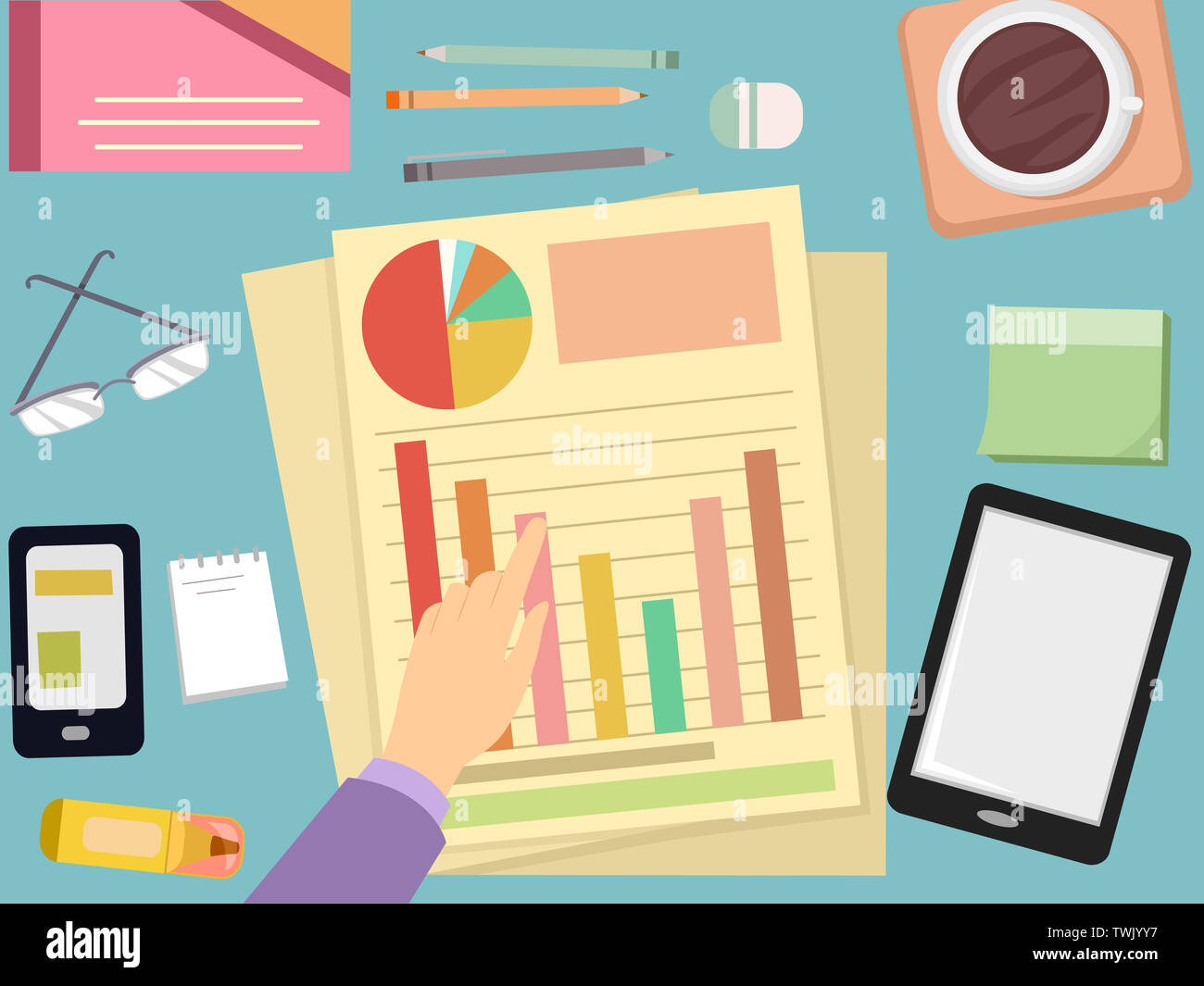 Illustration of a Hand Pointing to a Bar Accounting Chart Report with