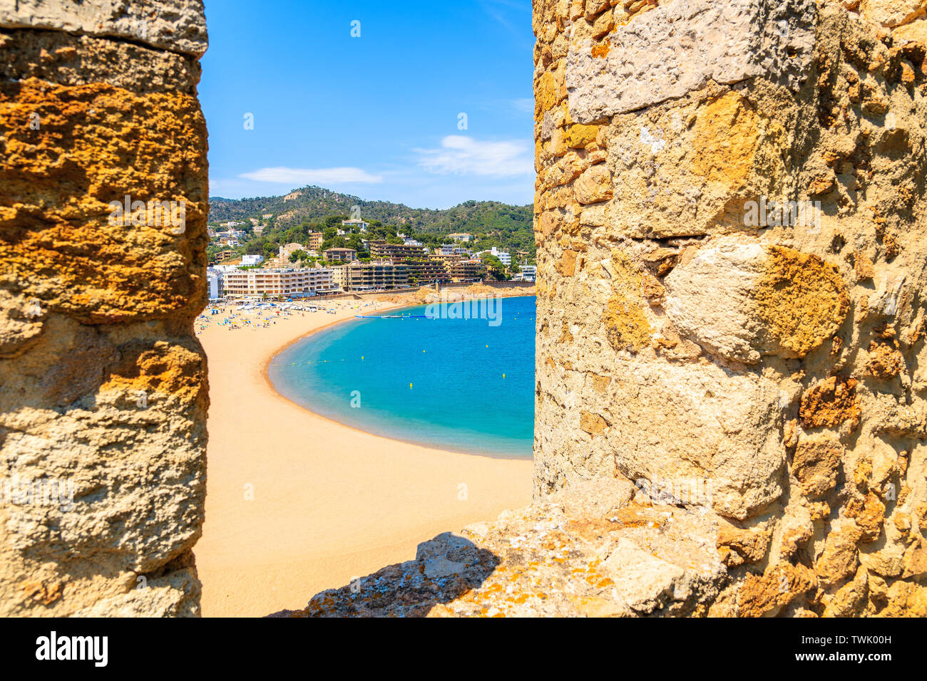 Sandy beach and bay in Tossa de Mar town, Costa Brava, Spain Stock Photo