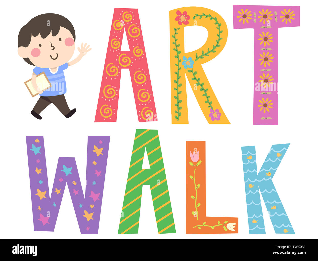 Illustration of a Kid Boy Waving, Holding Brochure and Art Walk ...