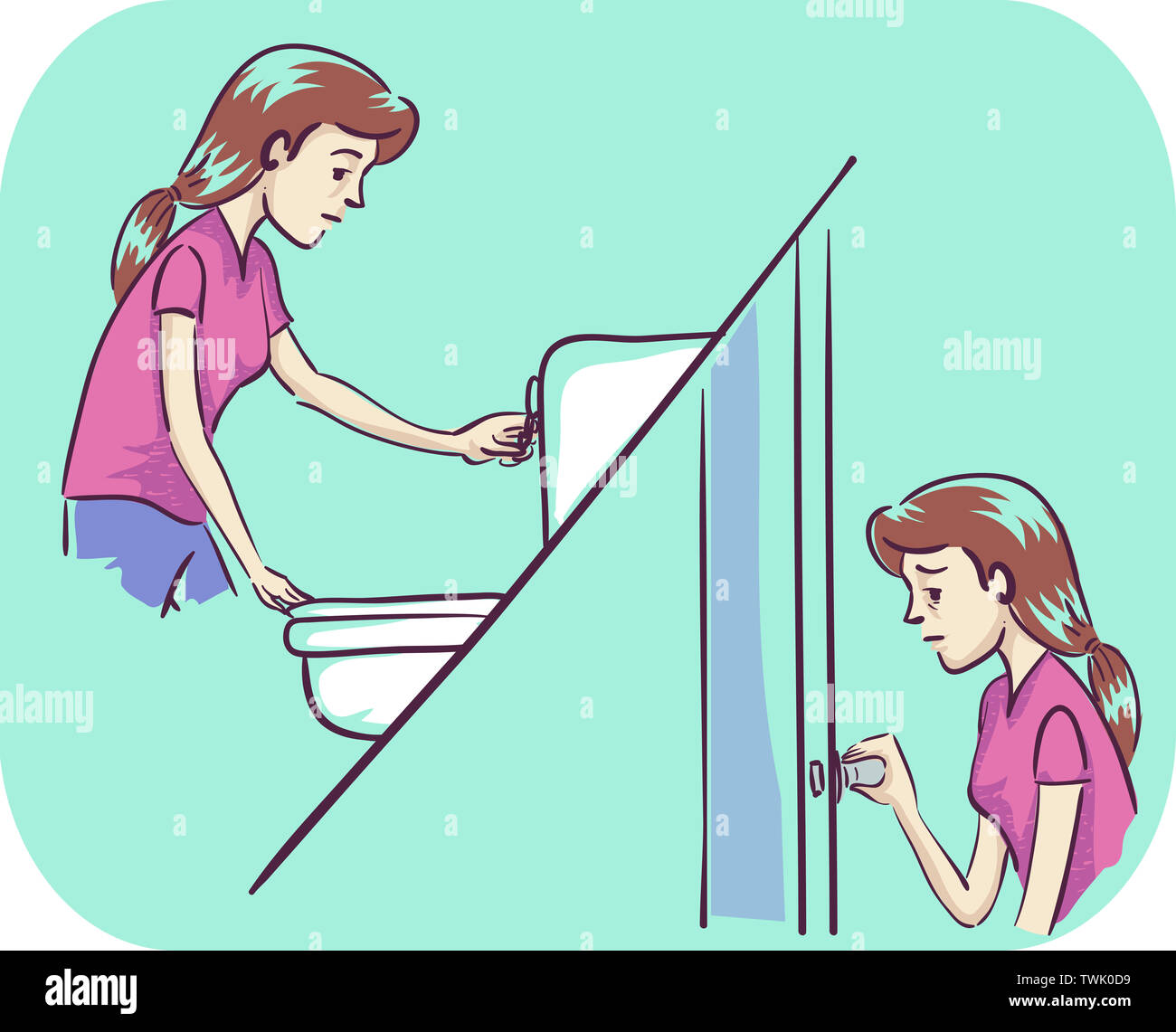 Illustration of a Girl Flushing the Toilet with the Same Girl Going Inside the Bathroom for Frequent Urination Stock Photo