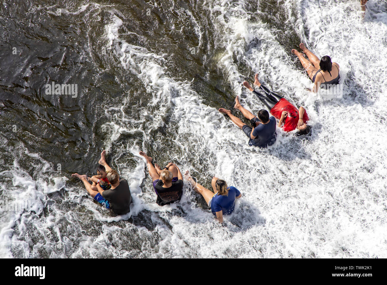 June 15,2019 People enjoying a dip in a Wawa dam, Rizal Province, Philippines Stock Photo