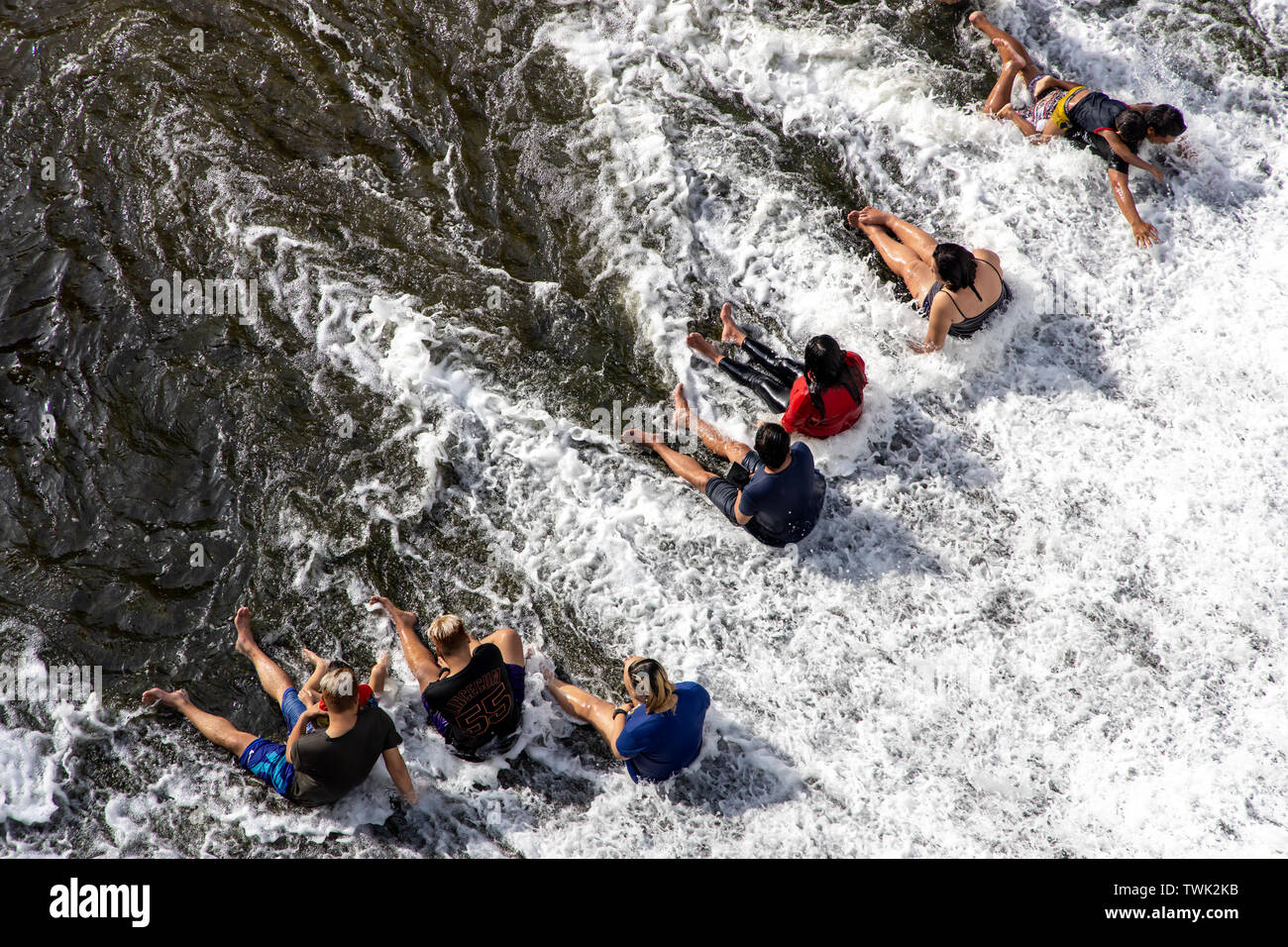 June 15,2019 People enjoying a dip in a Wawa dam, Rizal Province, Philippines Stock Photo