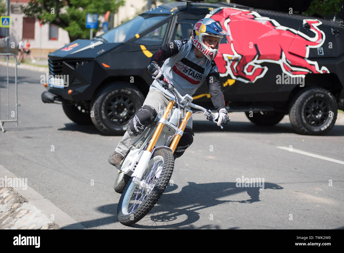 CLUJ, ROMANIA - JUNE 16, 2019: Legendary motorcyclist Chris Pfeiffer stunt riding doing a demonstration with a BMW electric motion bike at Sports Fest Stock Photo