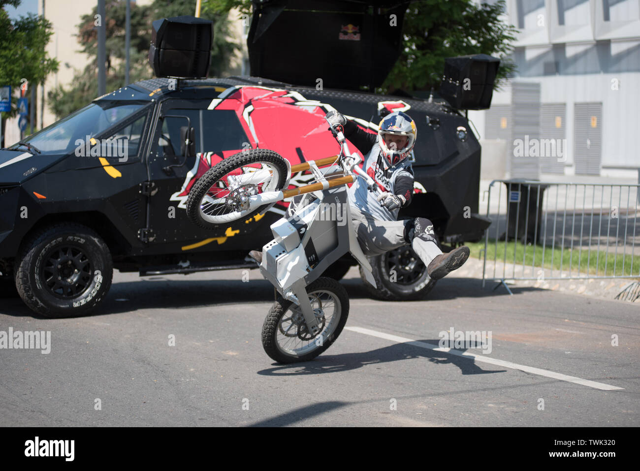 CLUJ, ROMANIA - JUNE 16, 2019: Legendary motorcyclist Chris Pfeiffer stunt riding doing a demonstration with a BMW electric motion bike at Sports Fest Stock Photo