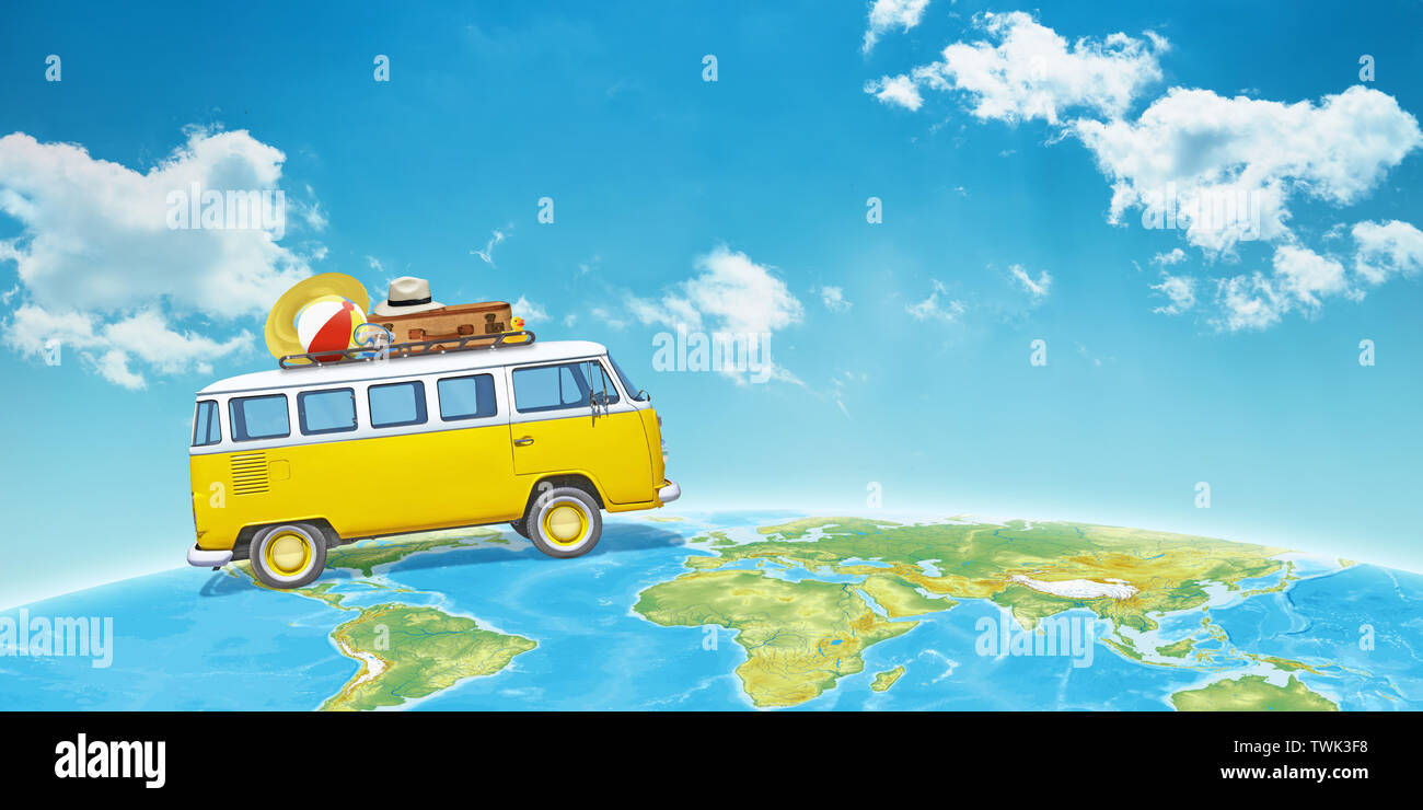 Van travels across the globe. Sky clouds in background. Copy space beside. Concept of tourism vacation and travel. Stock Photo