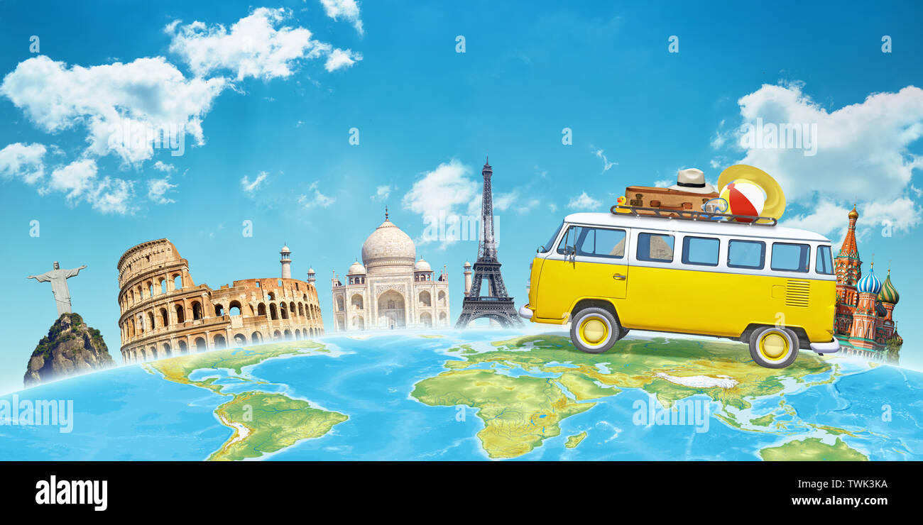 Travel by van to world famous destinations concept. Free space above for text. Stock Photo