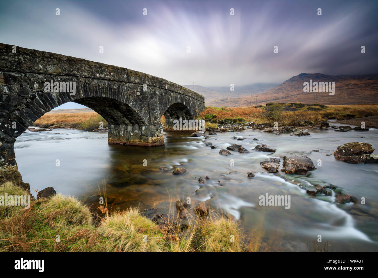 A bridge over the Coladoir River, near the head of Loch Scridain on the Isle of Mull. Stock Photo