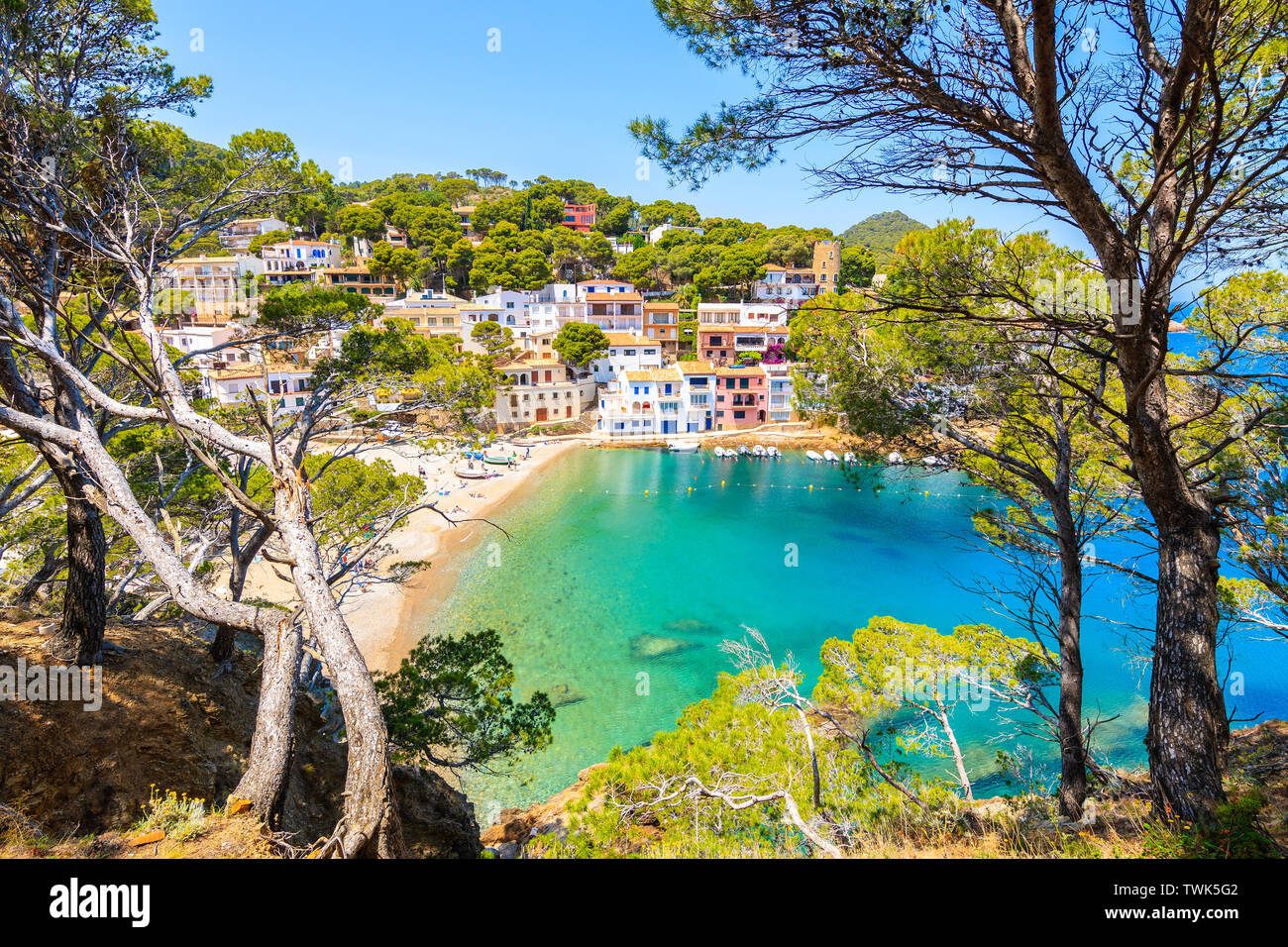 View of colorful houses in sea bay with beach in Sa Tuna coastal