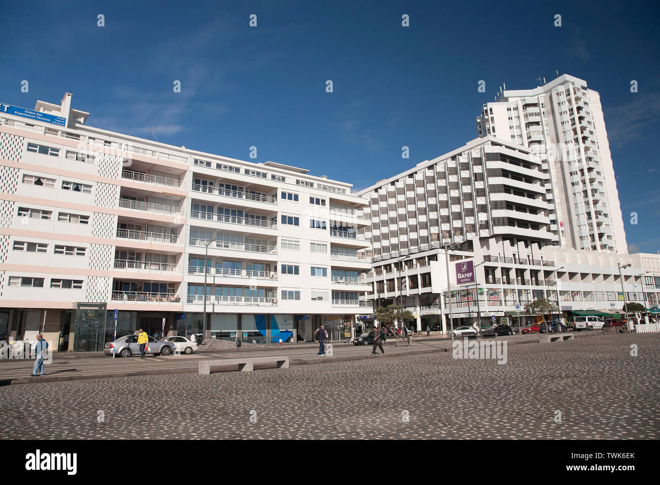 Buildings in downtown Ponta Delgada. Sao Miguel island, Azores islands, Portugal. Stock Photo