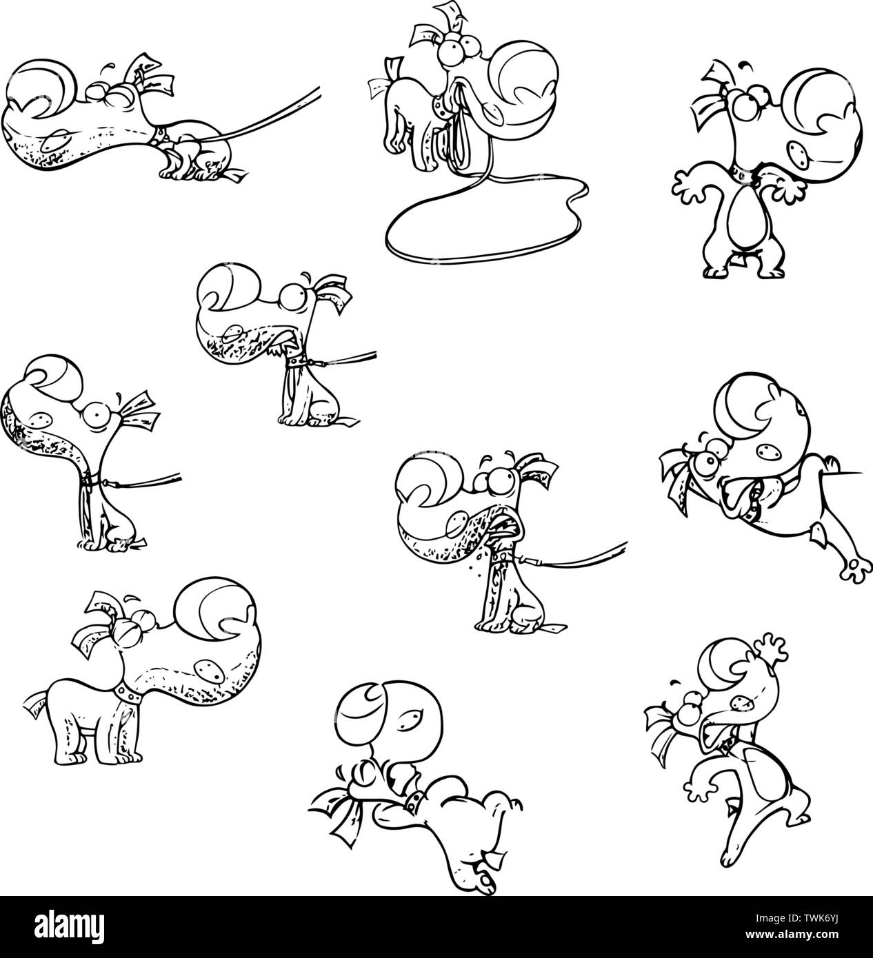 Set of vector illustrations with a funny cartoon puppy with different emotions and in various poses. The illustration of the dog is made in a black ou Stock Vector
