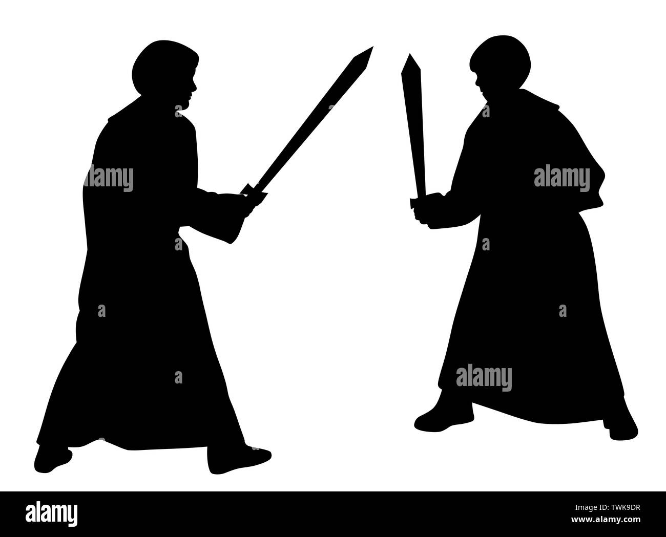 Two kids sword fighting duel in medieval style costumes Stock Photo