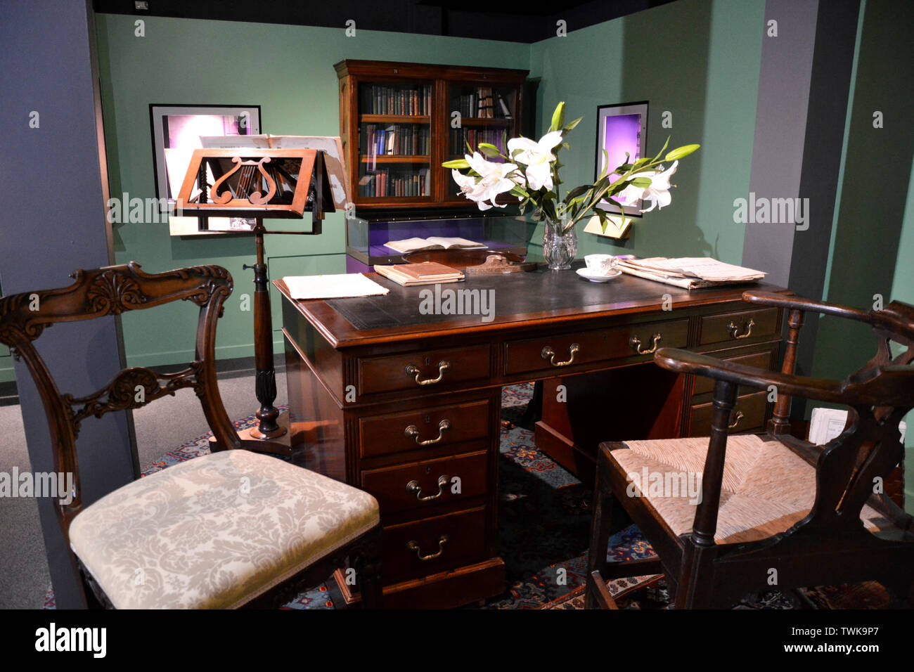 Elgar's desk in an exhibition room at The Firs - Elgars Birthplace Museum in Lower Broadheath, near Malvern, Worcestershire, UK Stock Photo