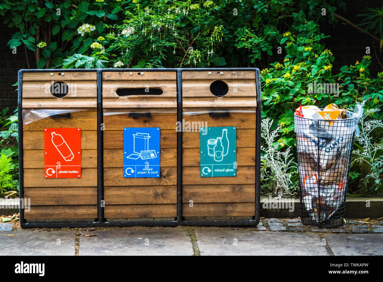 Recycling and General Waste Litter bins in - Recycling Bins in  Central London UK Stock Photo