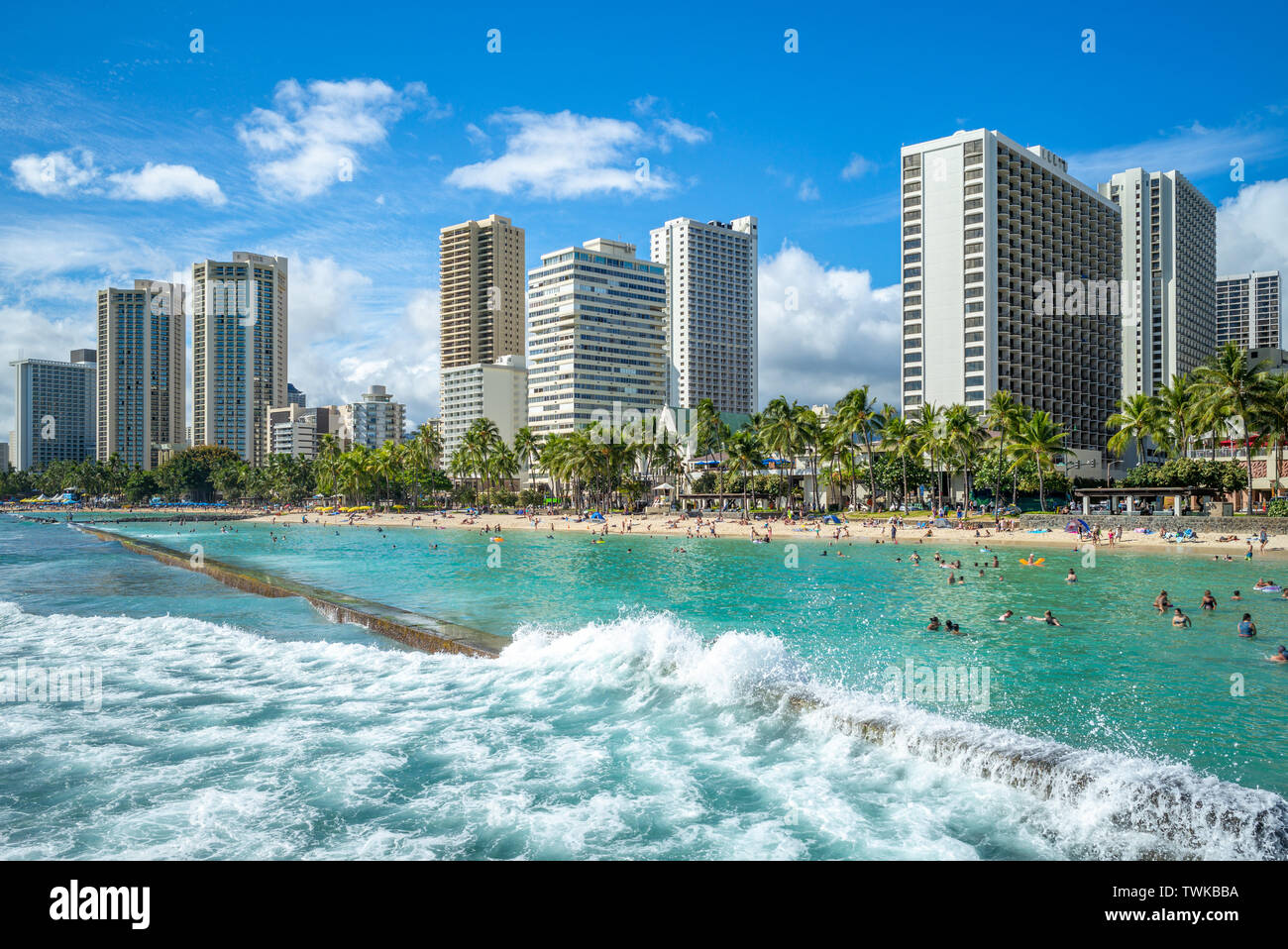 Skyline of Honolulu at Waikiki beach, Hawaii, US Stock Photo