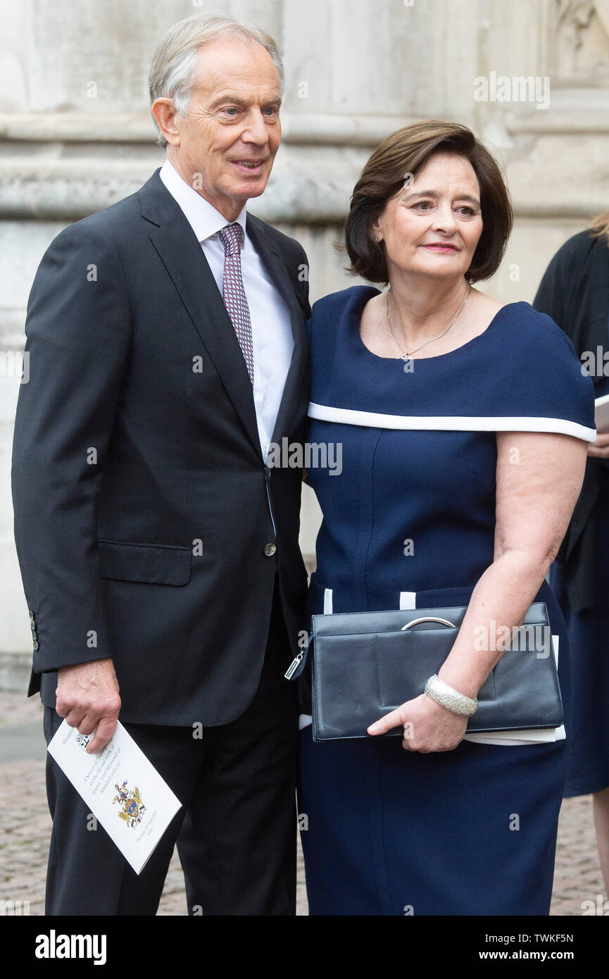 London, Britain. 20th June, 2019. Former British Prime Minister Tony Blair and his wife Cherie Blair are seen after attending a service of thanksgiving for the life and work of former Cabinet Secretary Jeremy Heywood, at Westminster Abbey in London, Britain, June 20, 2019. Credit: Ray Tang/Xinhua/Alamy Live News Stock Photo