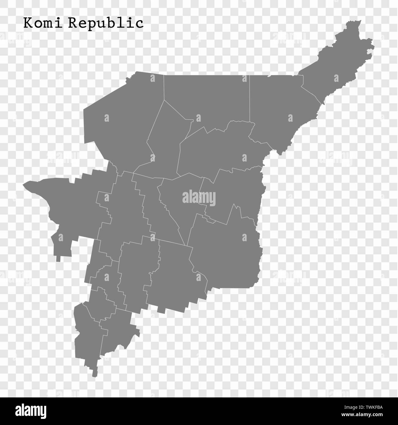 High Quality map of Komi is a region of Russia with borders of the districts Stock Vector