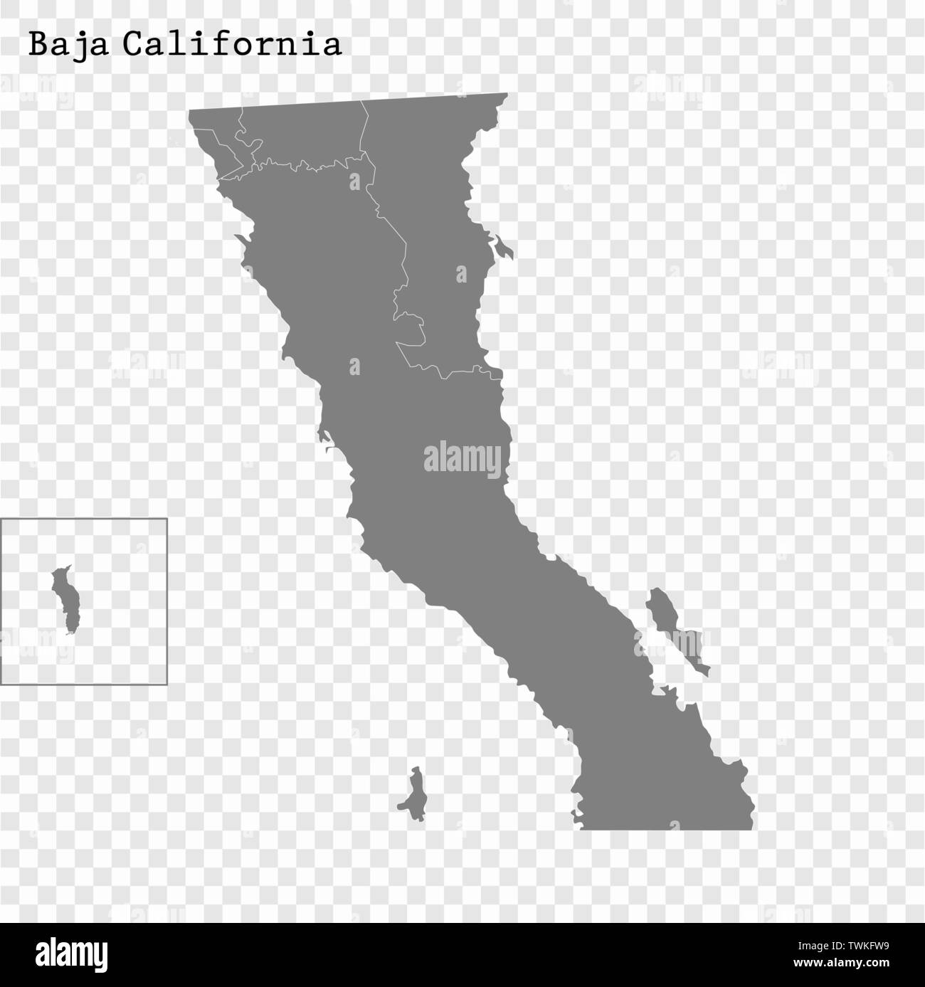High Quality map of Baja California is a state of Mexico, with borders