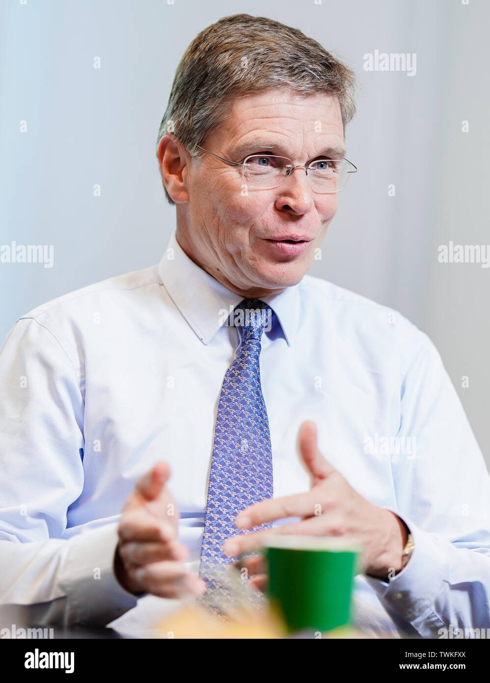 Ludwigshafen, Germany. 17th June, 2019. Hans-Ulrich Engel, Vice Chairman and Chief Financial Officer of BASF SE, gestures during an interview. The escalating trade conflict between the United States and China is also leaving its mark on the Ludwigshafen-based chemical group BASF. 'Overall, we are in more difficult waters than we expected in February,' said CFO Hans-Ulrich Engel in an interview with dpa-AFX and dpa. Credit: Uwe Anspach/dpa/Alamy Live News Stock Photo