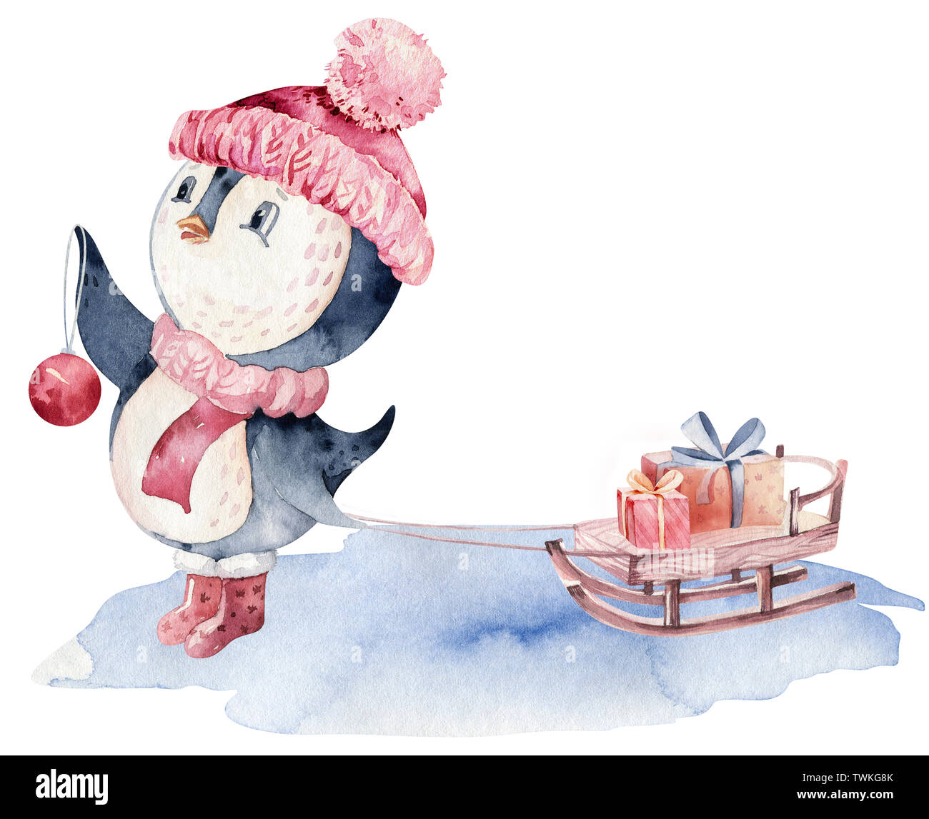 Watercolor merry christmas character penguin illustration. Winter cartoon  isolated cute funny animal design card. Snow holiday xmas penguins Stock  Photo - Alamy