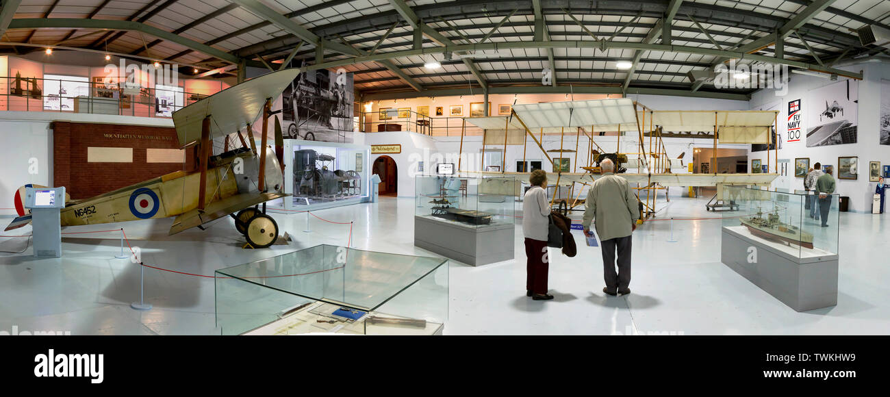 Panorama of the entrance hall to RNAS Yeoviilton museum and display of Fleet Air Arm vintage aircraft Stock Photo