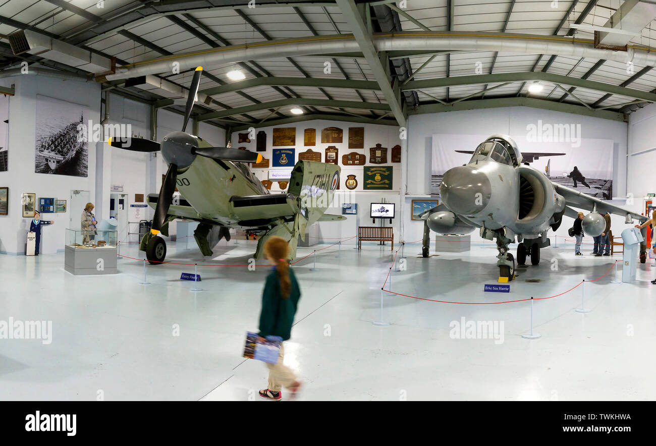 Entrance hall to RNAS Yeoviilton museum and display of Fleet Air Arm vintage aircraft Stock Photo