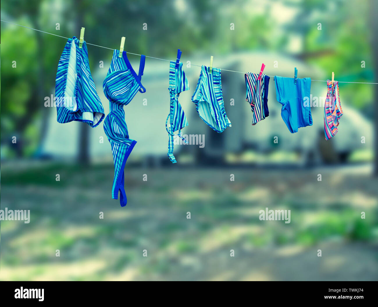 Swimsuit laundry on the clothes line Stock Photo