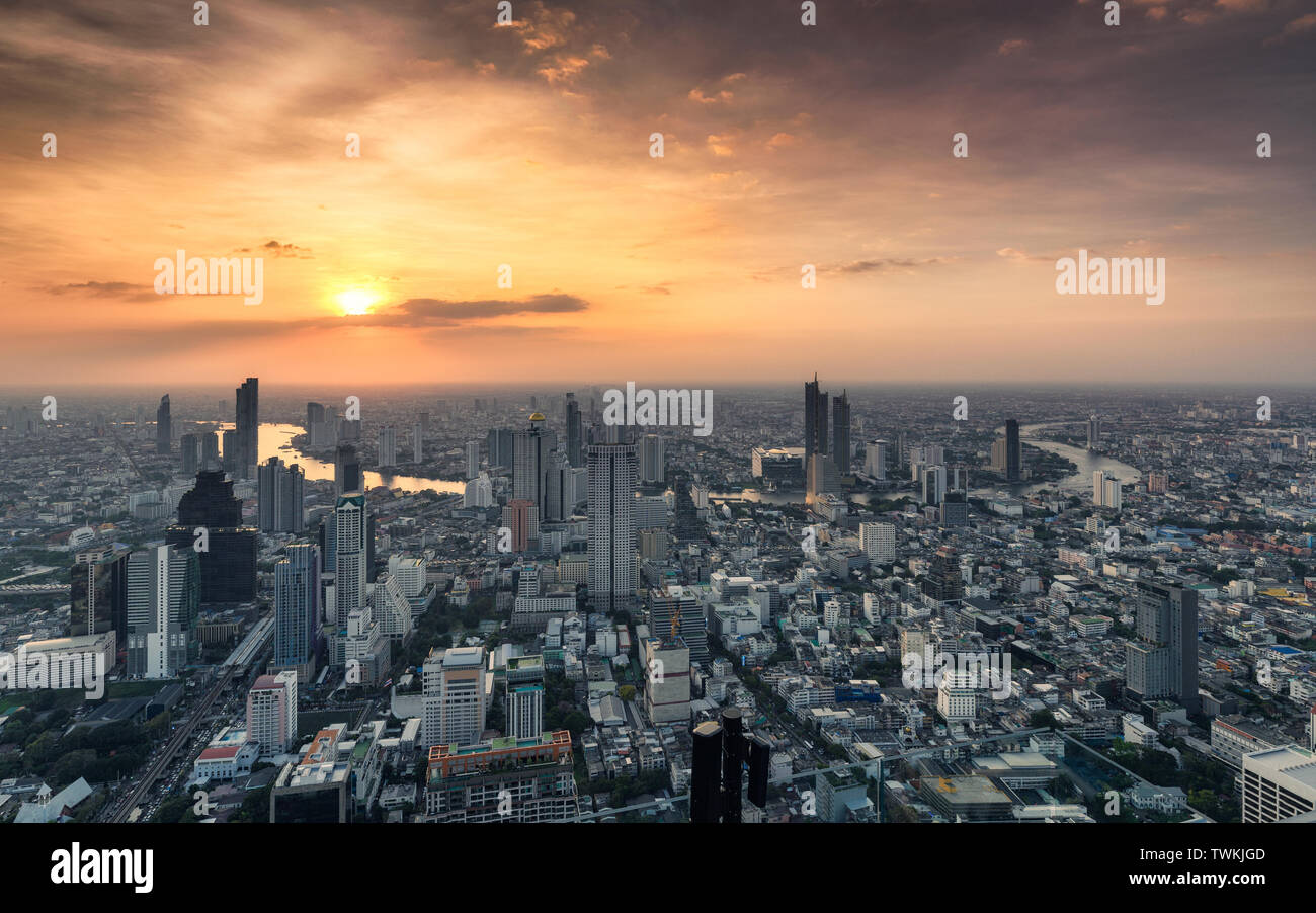 Above view of Sunset on Crowded building with Chao Phraya river at ...