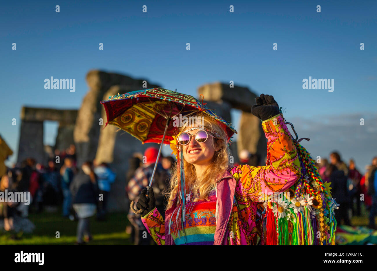 Penny Lane from Atlanta, Georgia, USA enjoys the atmosphere at Stonehenge in Wiltshire during the summer solstice. Picture date Friday 21st June, 2019 Stock Photo