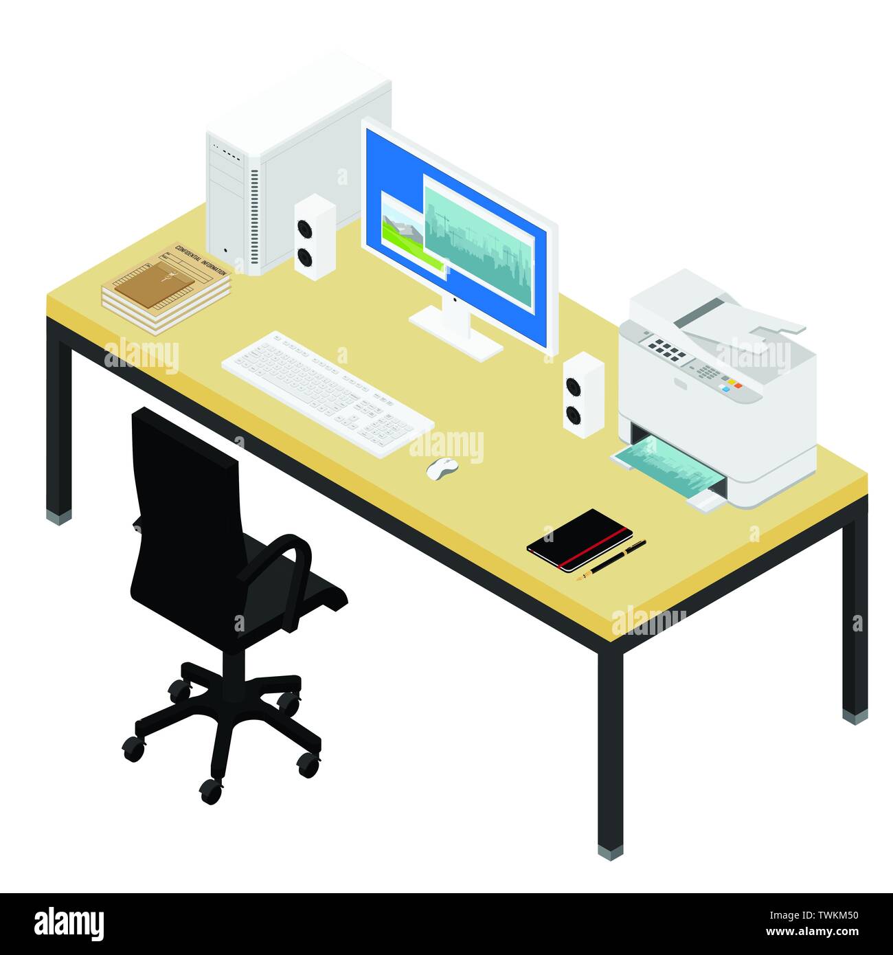 Working Place Desk And Armchair Computer Laptop Printer