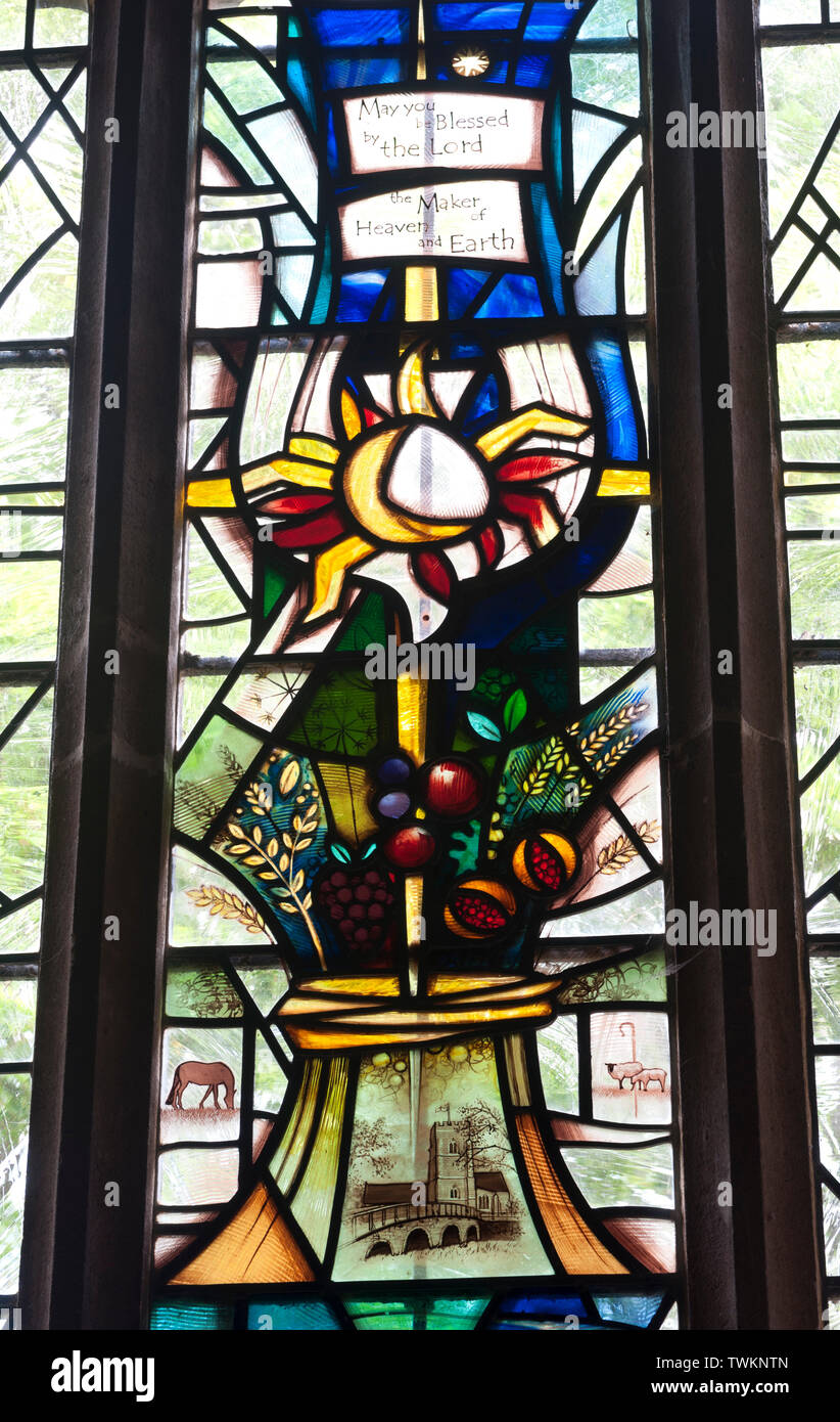 Modern stained glass window by Derek Hunt, St. Giles Church, Medbourne