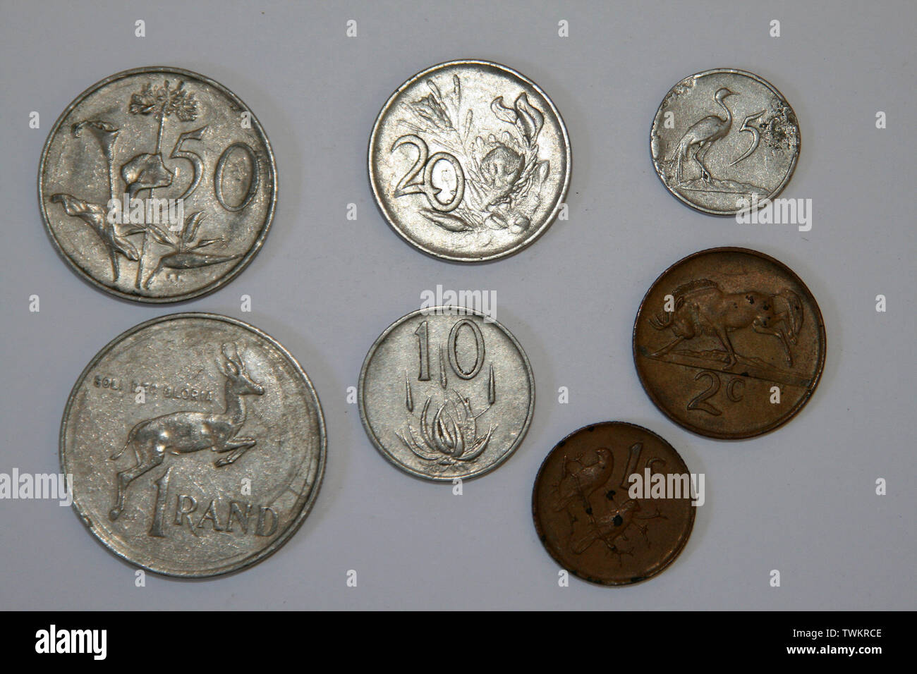 South Africa 1 Rand, 50 cent, 20 cent, 10 cent, 5 cent, 2 cent and 1 cent coins, 1976 Stock Photo