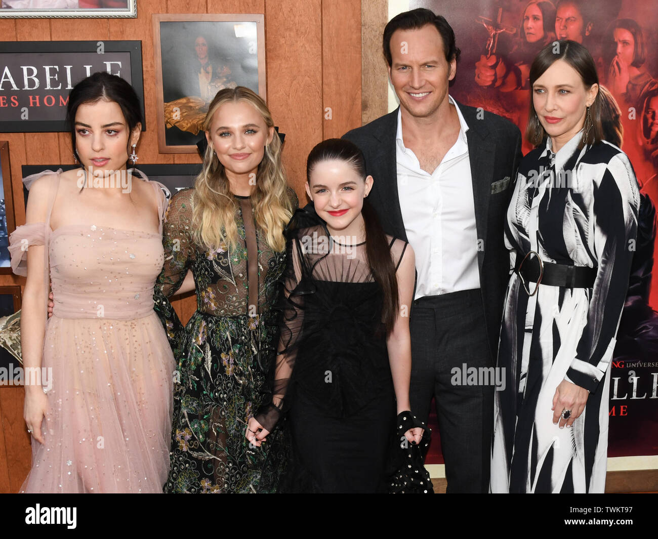 June 20, 2019 - Westwood, California, USA - 17, June 2019 - Westwood, California. (L-R) Actors Katie Sarife, Madison Iseman, Mckenna Grace, Patrick Wilson and Vera Farmiga attends the World Premiere of 'Annabelle Comes Home' at the Regency Village Theatre. (Credit Image: © Billy Bennight/ZUMA Wire) Stock Photo