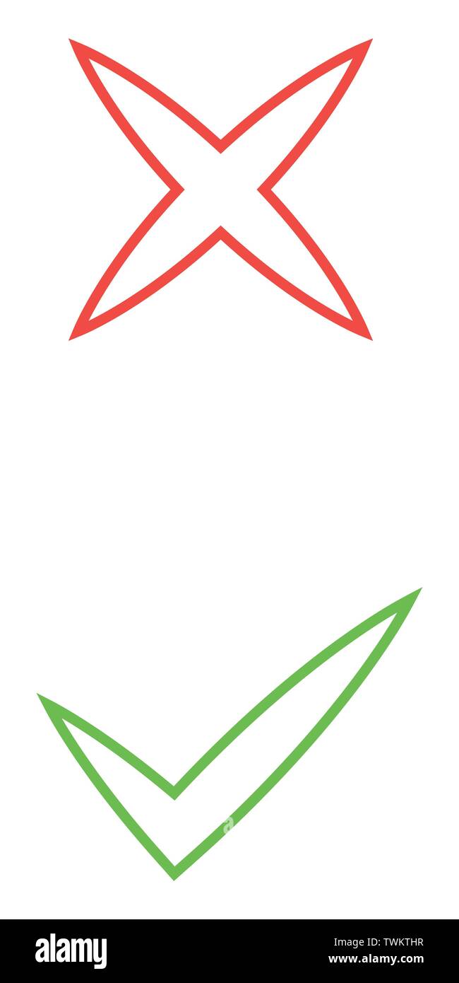 Thin line check mark icons. Green tick and red cross checkmarks flat ...