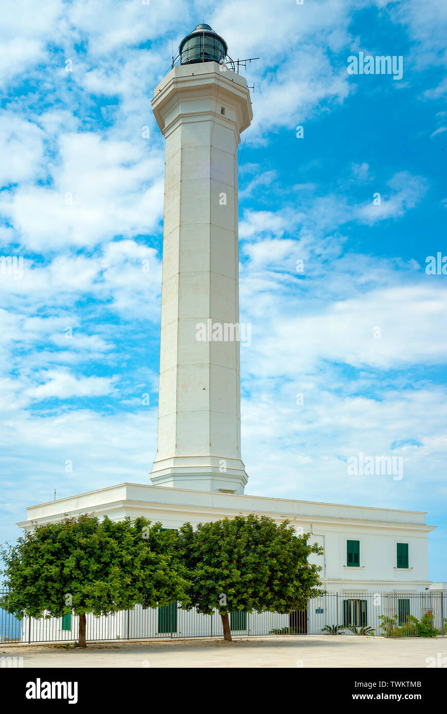 View from the sea the white lighthouse of Santa Maria di Leuca, Apulia - Italy Stock Photo