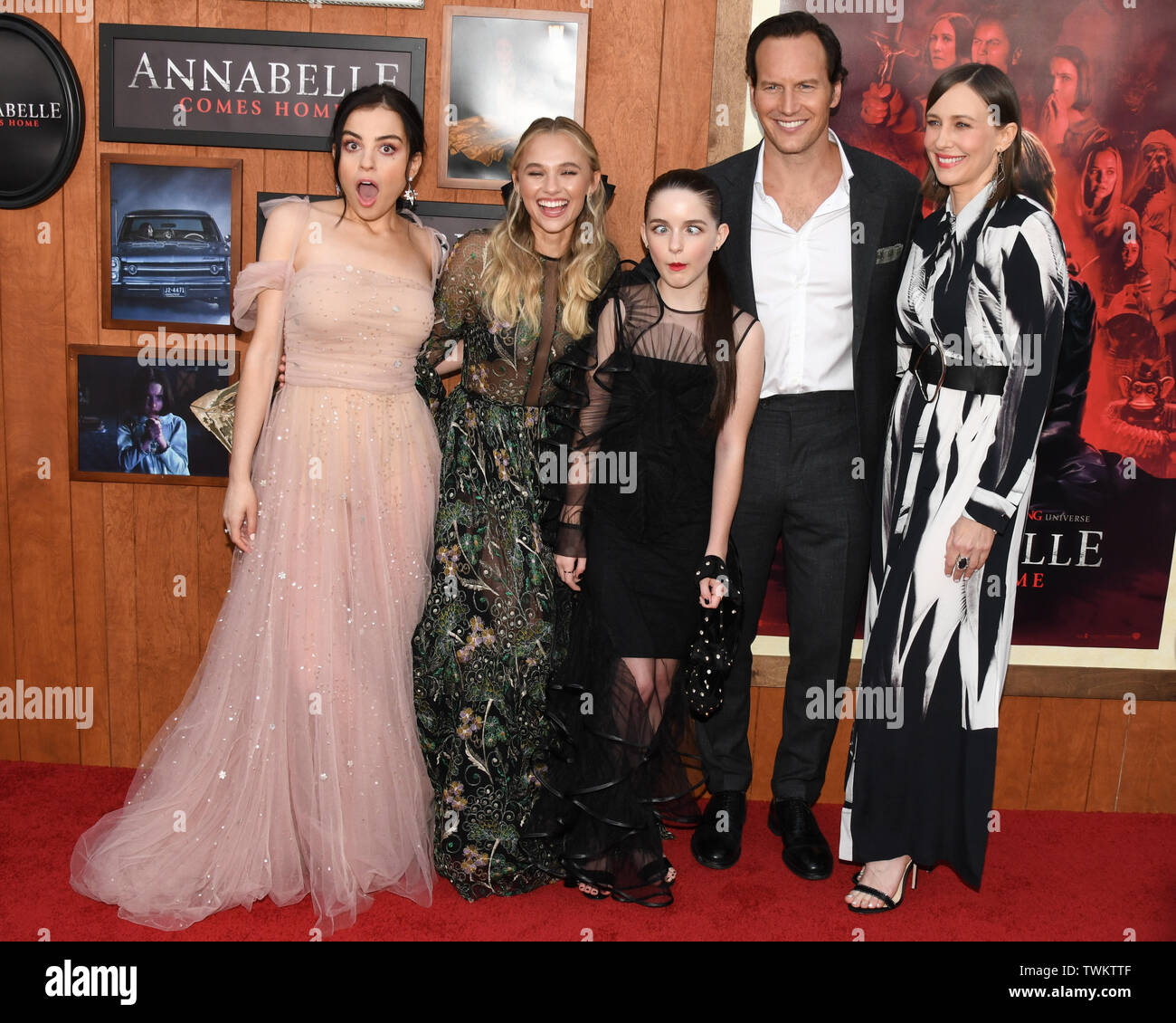 June 20, 2019 - Westwood, California, USA - 17, June 2019 - Westwood, California. (L-R) Actors Katie Sarife, Madison Iseman, Mckenna Grace, Patrick Wilson and Vera Farmiga attends the World Premiere of 'Annabelle Comes Home' at the Regency Village Theatre. (Credit Image: © Billy Bennight/ZUMA Wire) Stock Photo