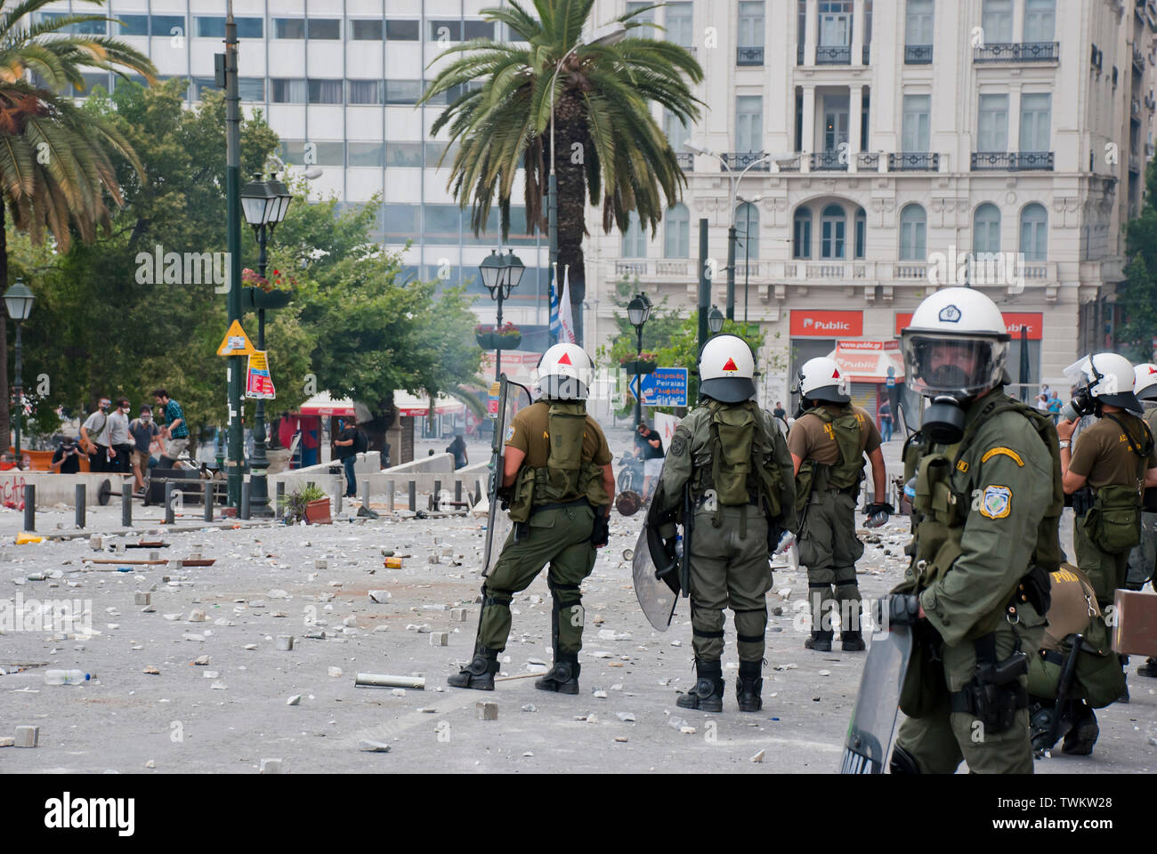 Austerity riots outside the Greek parliament in Athens, Greece - Syntagma Square - June 29 2011 Stock Photo