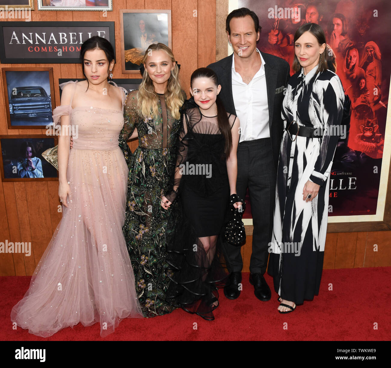 June 20, 2019 - Westwood, California, USA - 17, June 2019 - Westwood, California. (L-R) Actors Katie Sarife, Madison Iseman, Mckenna Grace, Patrick Wilson and Vera Farmiga attends the World Premiere of 'Annabelle Comes Home' at the Regency Village Theatre. (Credit Image: © Billy Bennight/ZUMA Wire) Stock Photo