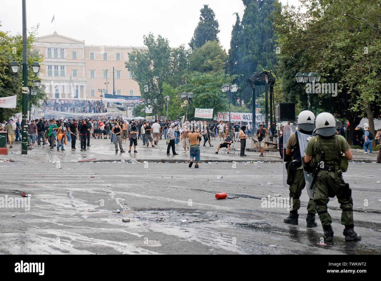 Austerity riots outside the Greek parliament in Athens, Greece - Syntagma Square - June 29 2011 Stock Photo