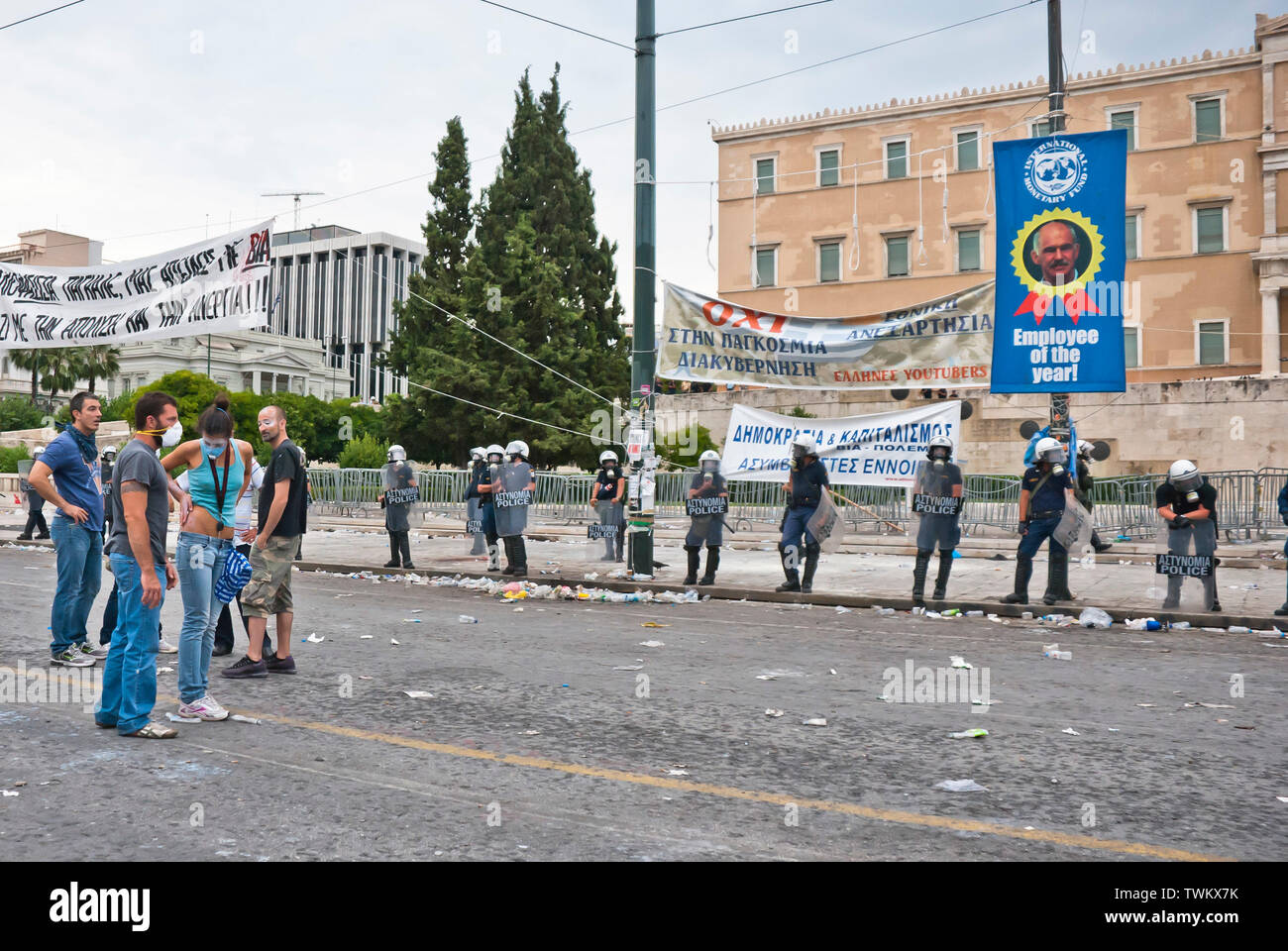 Austerity riots outside the Greek parliament in Athens, Greece - Syntagma Square - June 29 2011 Stock Photo