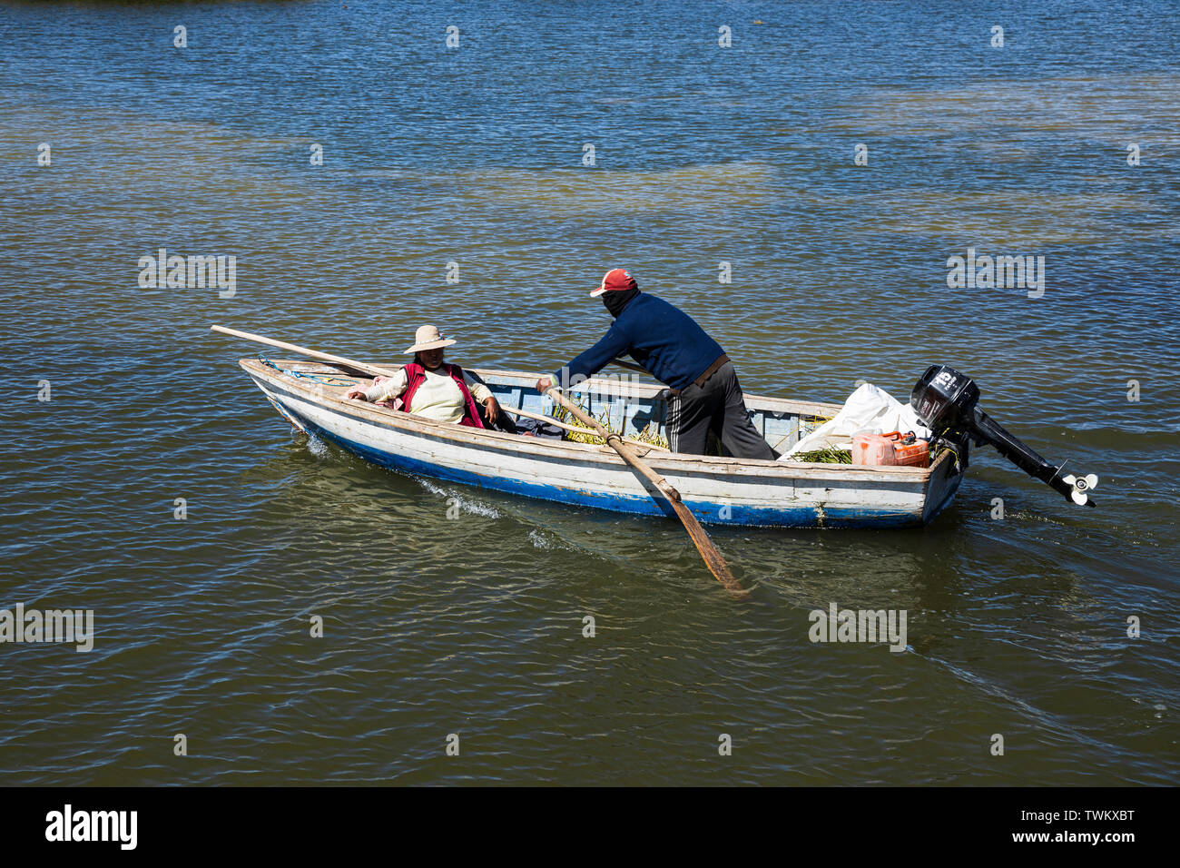 Boats navigating on Lake Titicaca, Peru, South America Stock Photo