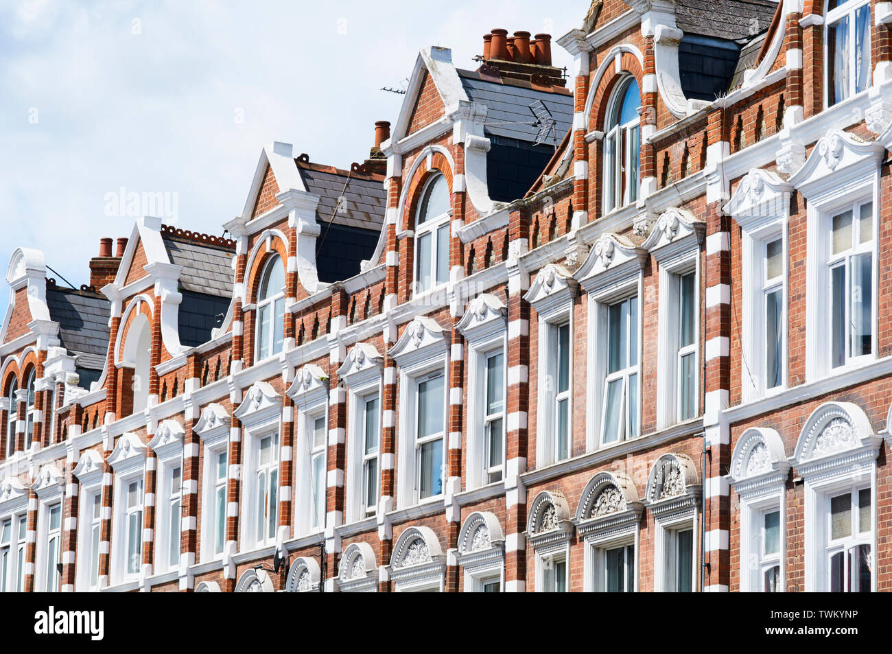 Gables and windows on a Late Victorian terrace on Tottenham Lane, Crouch End Broadway, North London UK Stock Photo