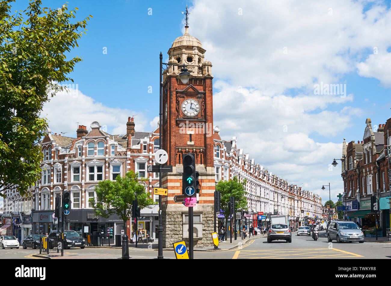 Crouch End Broadway, North London UK, at the junction of Park Road and Tottenham Lane, with the late 19th Century clock tower Stock Photo