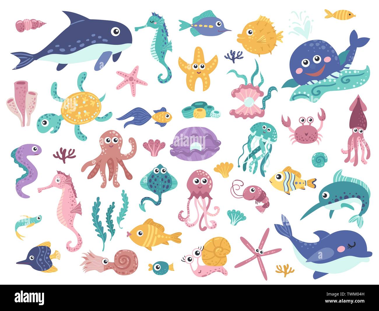 Big set of cute marine inhabitants. Stock Vector
