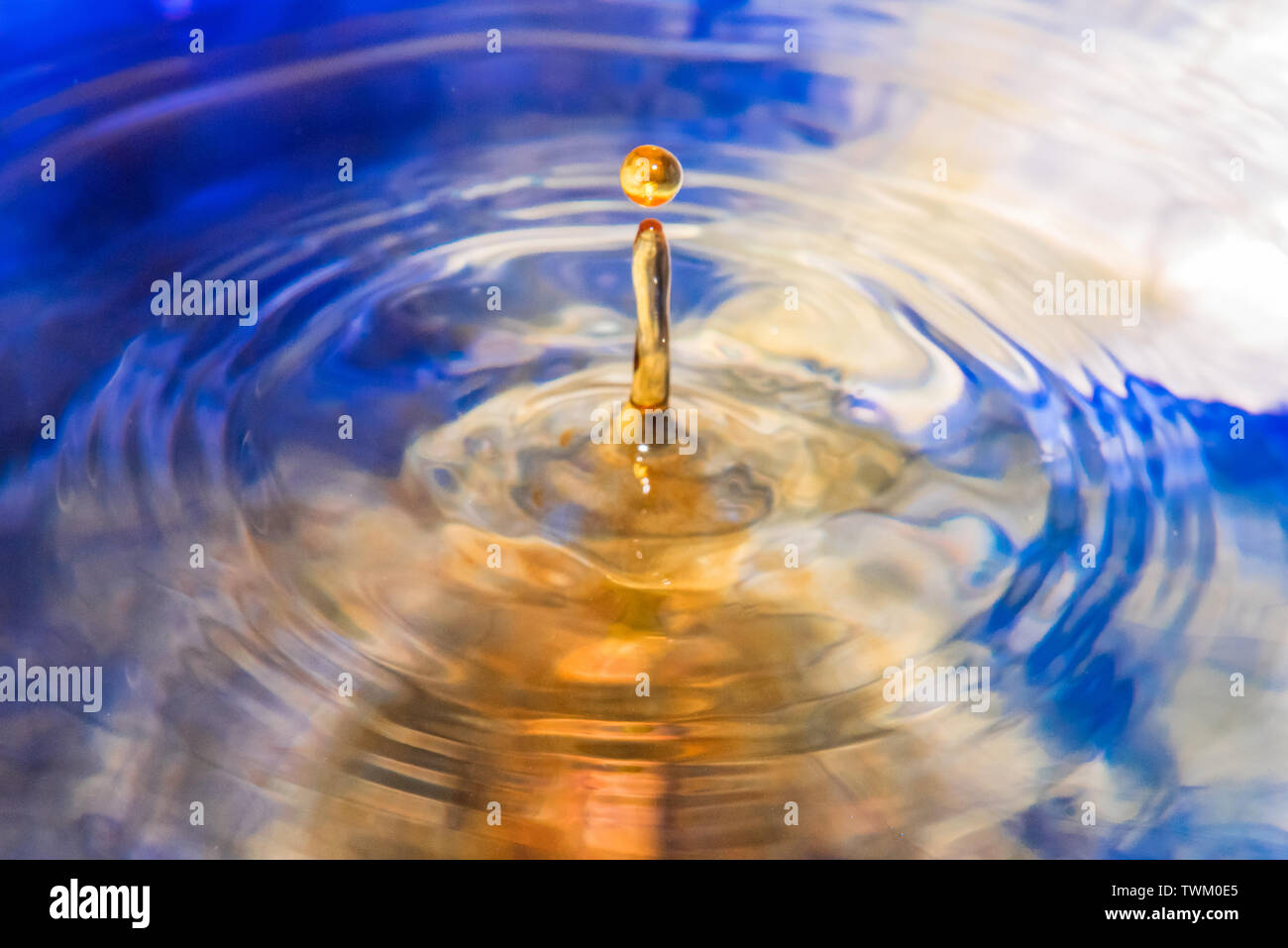 The reflection of the drop of water in the water is a multicolored, fascinating one. The way in which the photo is taken impresses, denoting that much Stock Photo